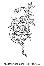 Vector Illustration of hand drawn snake and flowers. Black and white vector illustration for coloring book. Beautiful drawings with patterns and small details. 