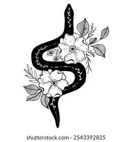 Vector Illustration of hand drawn snake and flowers. Black and white vector illustration for coloring book. 