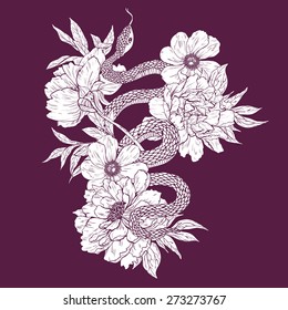 Vector illustration. Hand drawn snake with flowers.