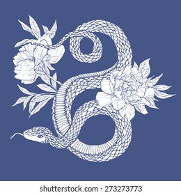 Vector illustration. Hand drawn snake with flowers.