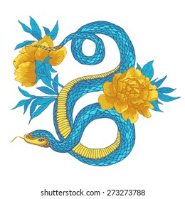 Vector illustration. Hand drawn snake with flowers isolated on white background.