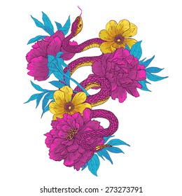 Vector illustration. Hand drawn snake with flowers isolated on white background.