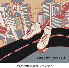 vector illustration of hand drawn sneakers on an urban background