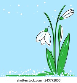 vector illustration of a hand drawn snowdrop on a light blue background