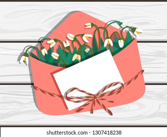 Vector illustration of hand drawn snowdrops in trendy coral envelope with blank message note 