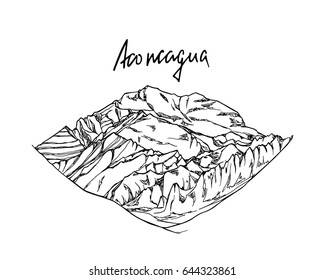 Vector illustration of hand drawn South American mountain peak. Ink drawing, graphic style. Perfect for travel, sport or spiritual designs.