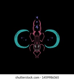 Vector illustration with hand drawn space magic beetle. Sacred Moon symbol, abstract art