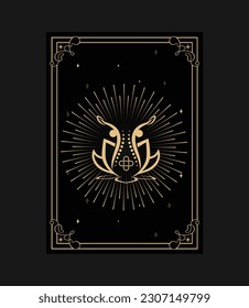 Vector illustration with hand drawn sparkle with lotus on black background. Golden linear shape. Premium card design.