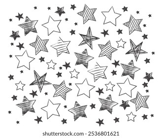 Vector illustration of hand drawn sparkling star doodles on white background. Celestial night silhouette minimalistic grunge drawings