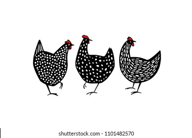Vector illustration of hand drawn speckled hens. Beautiful ink drawing, abstract design elements. Perfect elements for food or farming design.