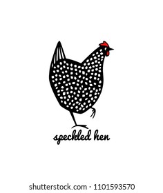 Vector illustration of hand drawn speckled hen. Beautiful ink drawing, heavy contour, abstract design elements. Perfect elements for food or farming design.