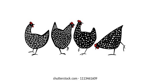 Vector illustration of hand drawn speckled hens. Beautiful ink drawing, abstract design elements. Perfect elements for food or farming design.