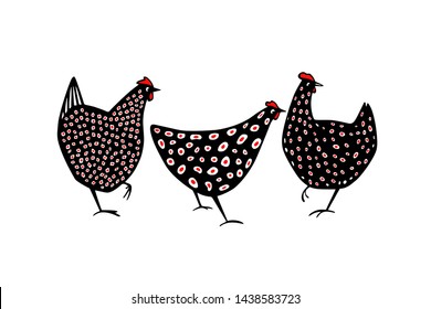 Vector illustration of hand drawn speckled hens. Beautiful ink drawing, abstract design elements. Perfect elements for food or farming design.