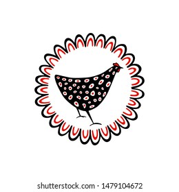 Vector illustration of hand drawn speckled hen in vintage frame. Beautiful ink drawing, ethnic style. Perfect elements for food or farming design.