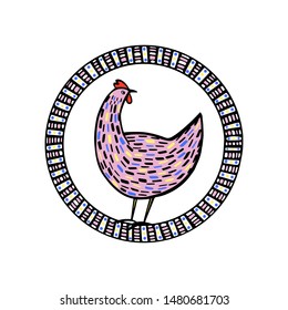 Vector illustration of hand drawn speckled hen in ornate frame. Beautiful ink drawing, ethnic style. Perfect elements for food or farming design.