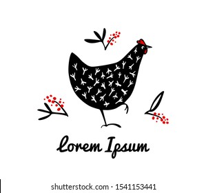Vector illustration of hand drawn speckled hens with floral elements. Beautiful ink drawing, abstract design elements. Perfect elements for food or farming design.
