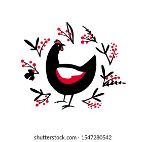 Vector illustration of hand drawn speckled chicken in floral laurel. Beautiful ink drawing, abstract design elements. Perfect elements for food or farming design.