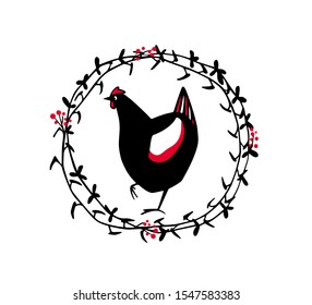 Vector illustration of hand drawn speckled chicken in floral laurel. Beautiful ink drawing, abstract design elements. Perfect elements for food or farming design.