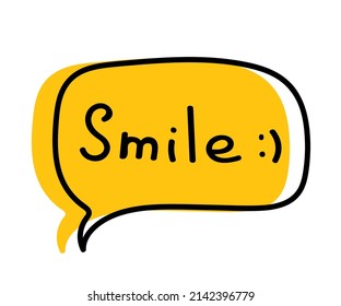 Ilustración vectorial de una burbuja de habla dibujada a mano con el texto "sonrisa" aislada en fondo blanco.