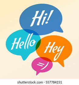 Vector illustration - Hand drawn speech bubble. Set with text (hi, hello, hey). Speech bubble colorful set.