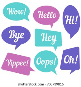 Vector illustration - Hand drawn speech bubble. hi, hello, hey, bye, wow, oops, oh, yippee signs. Speech bubble colorful set.