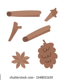 Vector illustration of hand drawn spices.  Cinnamon, cloves, pine cone, star anise.  Designer greeting cards, posters, gift wrapping, spices elements in hand-draw style.  Flat icons of additives.