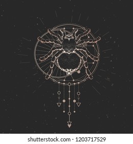 Vector illustration with hand drawn spider and Sacred geometric symbol on black vintage background. Abstract mystic sign. Gold linear shape. For you design: tattoo, print, posters, t-shirts, textiles.