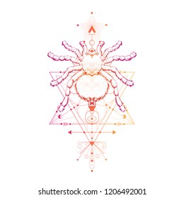 Vector illustration with hand drawn spider and Sacred geometric symbol on white background. Abstract mystic sign. Colored linear shape. For you design: tattoo, print, posters, t-shirts, textiles.