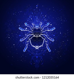 Vector illustration with hand drawn spider tarantula and Sacred geometric symbol against the starry sky. Abstract mystic sign. Linear shape. For you design: tattoo, print, posters, t-shirts, textiles.