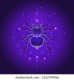 Vector illustration with hand drawn spider tarantula and Sacred geometric symbol against the starry sky. Abstract mystic sign. Linear shape. For you design: tattoo, print, posters, t-shirts, textiles.