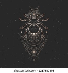 Vector illustration with hand drawn spider and Sacred geometric symbol on black vintage background. Abstract mystic sign. Gold linear shape. For you design: tattoo, print, posters, t-shirts, textiles.