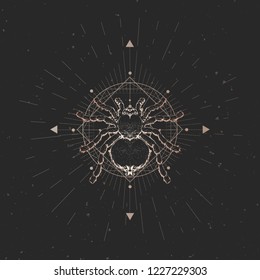 Vector illustration with hand drawn spider and Sacred geometric symbol on black vintage background. Abstract mystic sign. Gold linear shape. For you design: tattoo, print, posters, t-shirts.