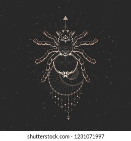 Vector illustration with hand drawn spider and Sacred geometric symbol on black vintage background. Abstract mystic sign. Gold linear shape. For you design: tattoo, print, posters, t-shirts.