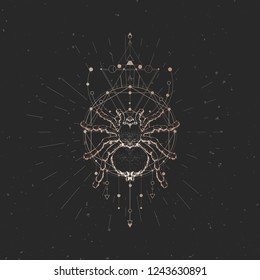 Vector illustration with hand drawn spider and Sacred geometric symbol on black vintage background. Abstract mystic sign. Gold linear shape. For you design.