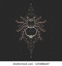 Vector illustration with hand drawn spider and Sacred geometric symbol on black vintage background. Abstract mystic sign. Gold linear shape. For you design: tattoo, print, posters, t-shirts, textiles.