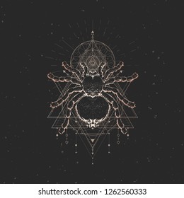 Vector illustration with hand drawn spider and Sacred geometric symbol on black vintage background. Abstract mystic sign. Gold linear shape. For you design.