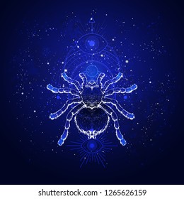 Vector illustration with hand drawn spider tarantula and Sacred geometric symbol against the starry sky. Abstract mystic sign. Linear shape. Linear shape. For you design.