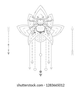 Vector illustration with hand drawn spider and Sacred geometric symbol on white background. Abstract mystic sign. Black linear shape. For you design, tattoo or magic craft.