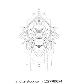 Vector illustration with hand drawn spider and Sacred geometric symbol on white background. Abstract mystic sign. Black linear shape. For you design, tattoo or magic craft.