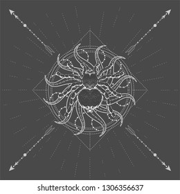 Vector illustration with hand drawn Spider Tarantula and symbol Sun on black background. Abstract mystic sign. White linear shape. For you design, tattoo or magic craft.