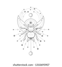 Vector illustration with hand drawn spider and Sacred geometric symbol on white background. Abstract mystic sign. Black linear shape. For you design, tattoo or magic craft.