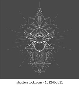 Vector illustration with hand drawn Spider Tarantula and Sacred symbol LOTUS on black background. Abstract mystic sign. White linear shape. For you design, tattoo or magic craft.