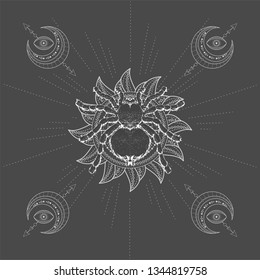 Vector illustration with hand drawn Spider Tarantula and symbol Sun on black background. Abstract mystic sign. White linear shape. For you design, tattoo or magic craft.