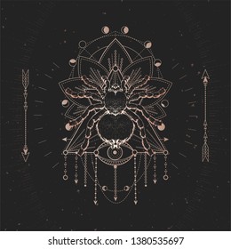Vector illustration with hand drawn Spider and Sacred geometric symbol on black vintage background. Abstract mystic sign. Gold linear shape. For you design and magic craft.