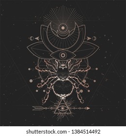 Vector illustration with hand drawn Spider and Sacred geometric symbol on black vintage background. Abstract mystic sign. Gold linear shape. For you design and magic craft.