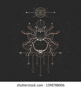 Vector illustration with hand drawn Spider and Sacred geometric symbol on black vintage background. Abstract mystic sign. Gold linear shape. For you design and magic craft.