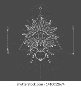 Vector illustration with hand drawn Spider Tarantula and Sacred geometric symbol on black background. Abstract mystic sign. White linear shape. For you design, tattoo or magic craft.