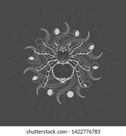 Vector illustration with hand drawn Spider Tarantula and symbol Sun on black background. Abstract mystic sign.