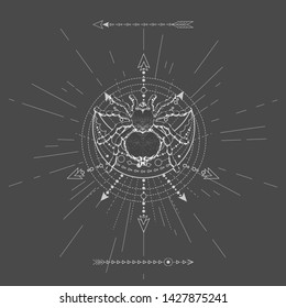 Vector illustration with hand drawn Spider Tarantula and Sacred symbol on black background. Abstract mystic sign. White linear shape. For you design, tattoo or magic craft.