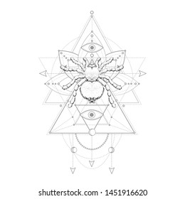Vector illustration with hand drawn spider and Sacred geometric symbol on white background. Abstract mystic sign. Black linear shape. For you design, tattoo or magic craft.
